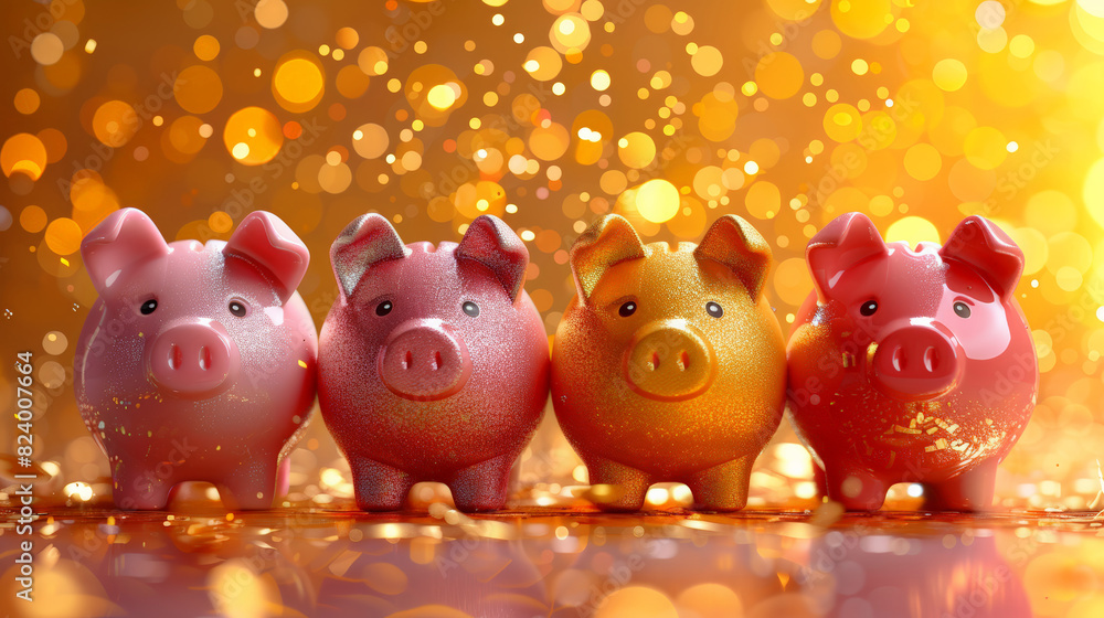 Glittering golden piggy banks lined festive background wealth, prosperity, festive savings Glittering golden piggy banks lined festive background wealth, prosperity, festive savings