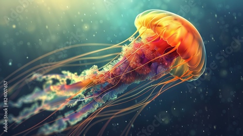  Close-up of a jellyfish in a crowded water body, its tentacles fully extended