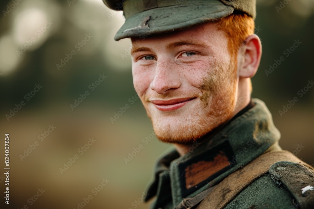 Portrait of a young. Happy and smiling male soldier with ginger hair. Wearing a military uniform. Beret. And camouflage. Exuding confidence and warmth. Showcasing patriotism and duty
