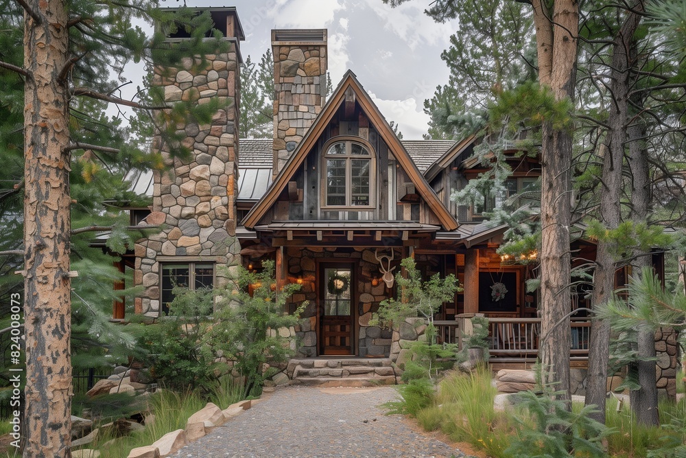 : A rustic suburban house with a weathered wood exterior, stone chimney, and a cozy front porch, nestled among tall pine trees with a gravel pathway leading up to the front door. : A rustic suburban house with a weathered wood exterior, stone chimney, and a cozy front porch, nestled among tall pine trees with a gravel pathway leading up to the front door.