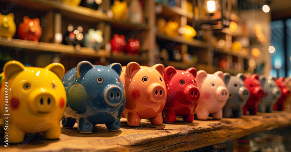 Obraz premium Row of piggy banks on wooden shelf, each unique design that reflects different savings goals