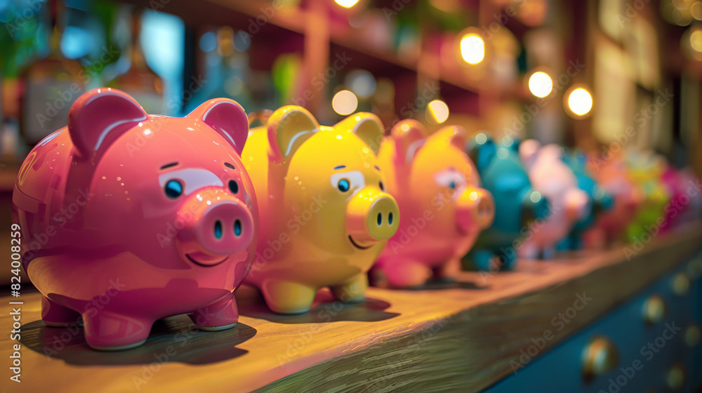 Obraz premium Row of piggy banks on wooden shelf, each unique design that reflects different savings goals