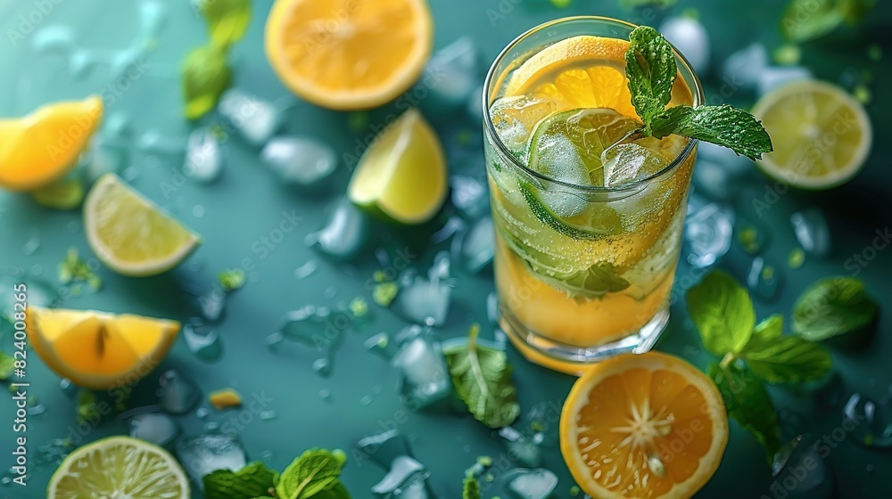 Glass of mojito on blue surface with mint leaves and lemon wedges Glass of mojito on blue surface with mint leaves and lemon wedges