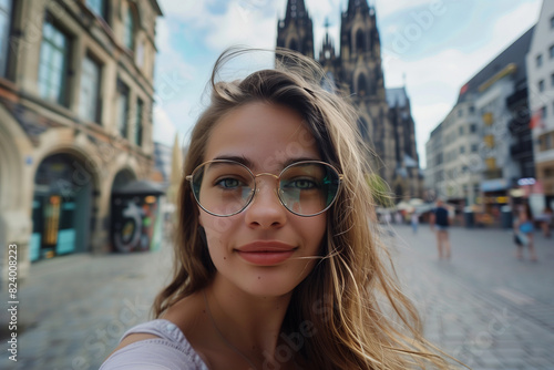 Selfie portrait. Traveler girl in glasses in the street of Cologne, Germany photo
