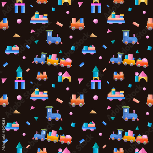 Multicolored wooden castles, towers, trains, cars. Kid wooden toys. Transport loaded with cubes. Seamless pattern. Watercolor illustration isolated on black background. for children decor, textile.