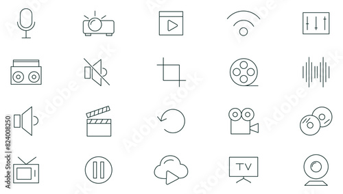 Multimedia, cinema and entertainment line icons set. Outline icon collection. Thin outline icons pack.