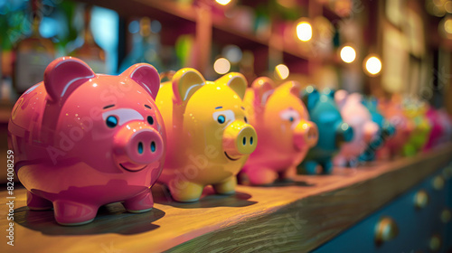Row of piggy banks on wooden shelf, each unique design that reflects different savings goals