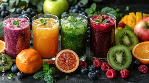  Filled glasses, fruits & veggies - next to oranges, kiwis, raspberries, apples, blueberries in a table