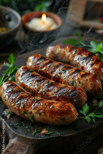Grilled Meat and Pork Sausages on Plate, Close-Up