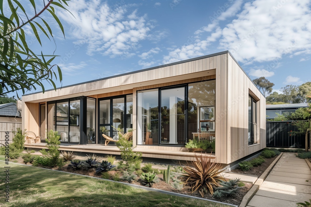 : A Scandinavian-inspired suburban house with a minimalist design, light wood exterior, large windows, and a simple but elegant garden with native plants. : A Scandinavian-inspired suburban house with a minimalist design, light wood exterior, large windows, and a simple but elegant garden with native plants.