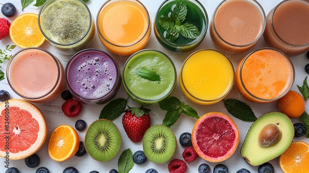 A table topped with glasses filled with different types of fruit and vegetables next to oranges, kiwis, strawberries, and blueberries A table topped with glasses filled with different types of fruit and vegetables next to oranges, kiwis, strawberries, and blueberries
