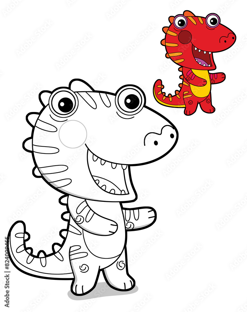 Fototapeta premium cartoon scene with happy funny dinosaur dino lizard dragon kid having fun childhood playing kindergarten isolated background colorful illustration coloring page with preview