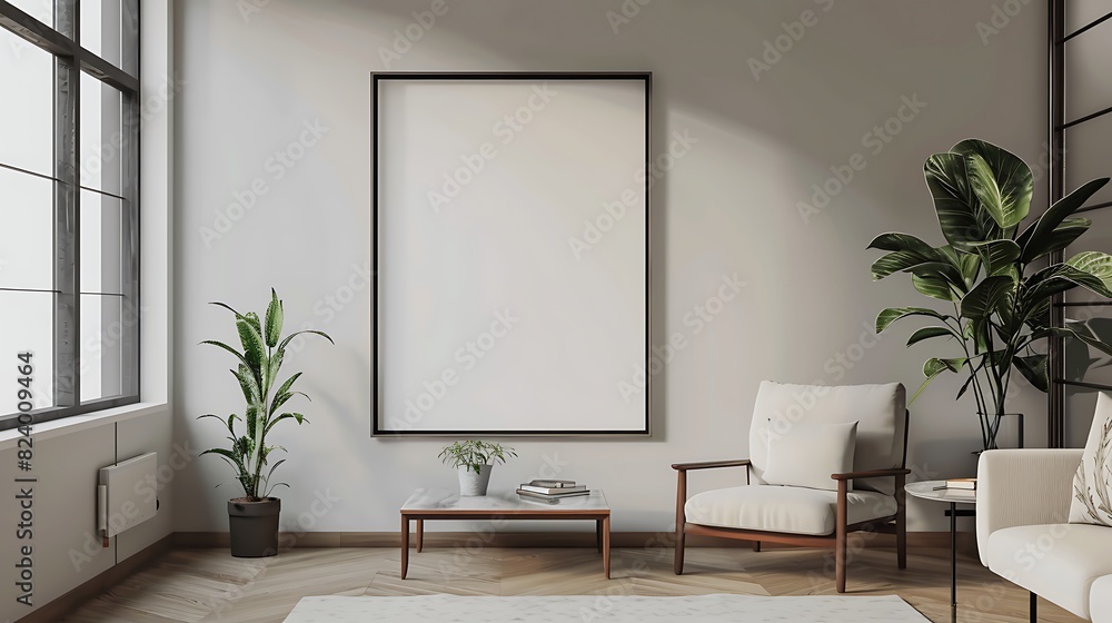 A mockup of a blank square photo frame hanging in the middle of wall with Retro, midcentury modern, nostalgic decoration in Room Captured in the style of architectural photography., A mockup of a blank square photo frame hanging in the middle of wall with Retro, midcentury modern, nostalgic decoration in Room Captured in the style of architectural photography.,