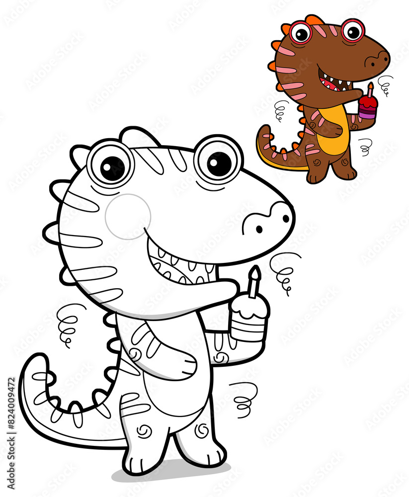 cartoon scene with happy funny dinosaur dino lizard dragon kid having fun eating birthday cake childhood playing kindergarten isolated background colorful illustration coloring page with preview cartoon scene with happy funny dinosaur dino lizard dragon kid having fun eating birthday cake childhood playing kindergarten isolated background colorful illustration coloring page with preview