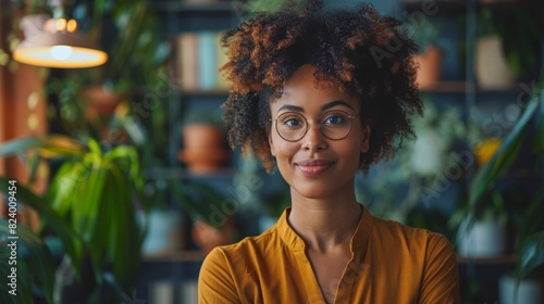 diverse leadership styles, a determined biracial female ceo delivering an inspiring speech to employees in a stylish office lounge with cozy seating and plant decor photo