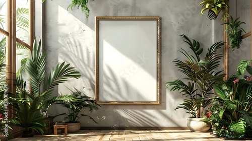 A mockup of a blank square photo frame hanging in the middle of wall with Tropical, exotic, jungleinspired decoration in Room Captured in the style of architectural photography., photo