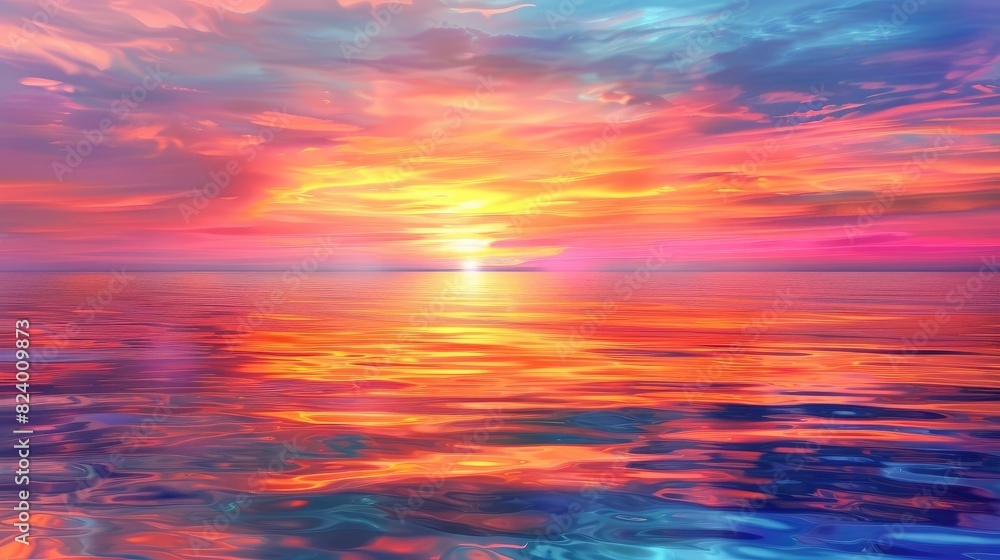 An image of a vibrant sunset over a serene lake, with colorful reflections shimmering on the water realistic