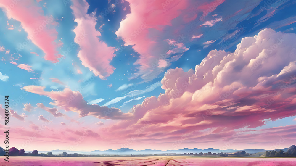Blue and pink sky with clouds in day scene. There is a sun light ...