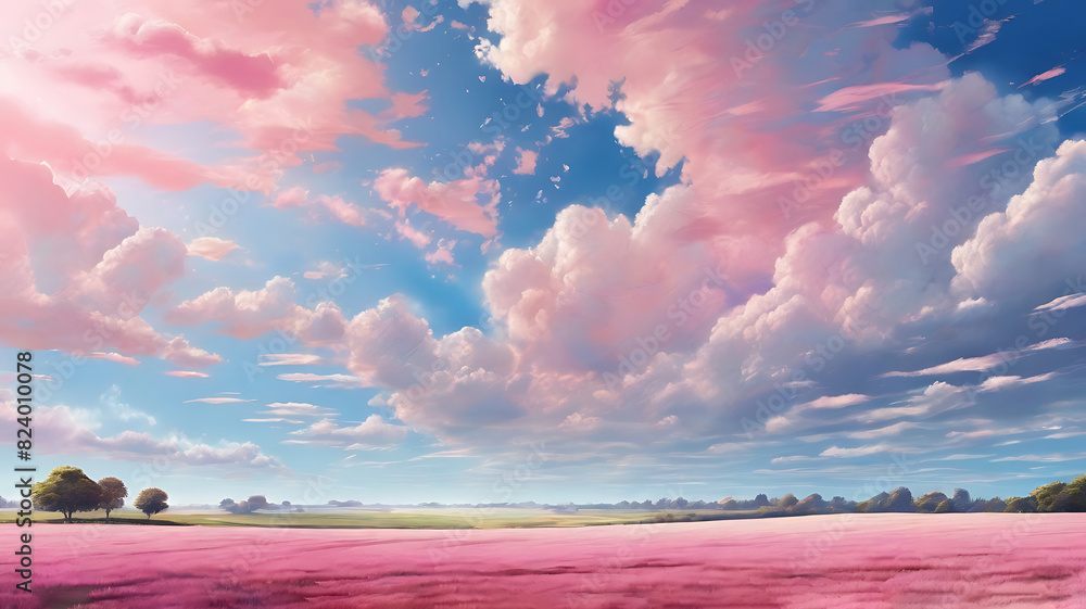 Blue and pink sky with clouds in day scene. There is a sun light ...