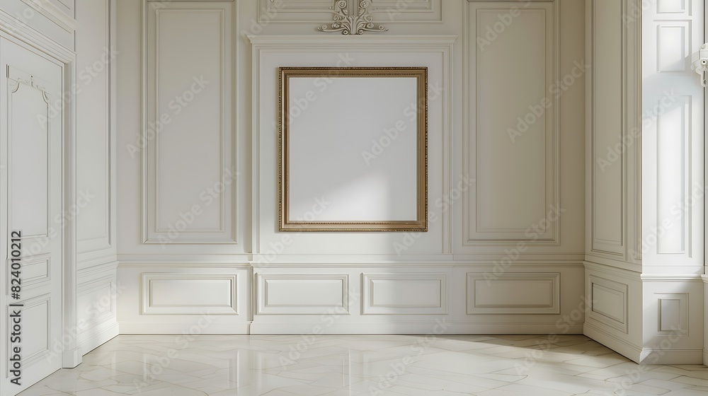 A mockup of a blank square photo frame hanging in the middle of wall with Victorian, antique, ornate decoration in Room Captured in the style of architectural photography., A mockup of a blank square photo frame hanging in the middle of wall with Victorian, antique, ornate decoration in Room Captured in the style of architectural photography.,