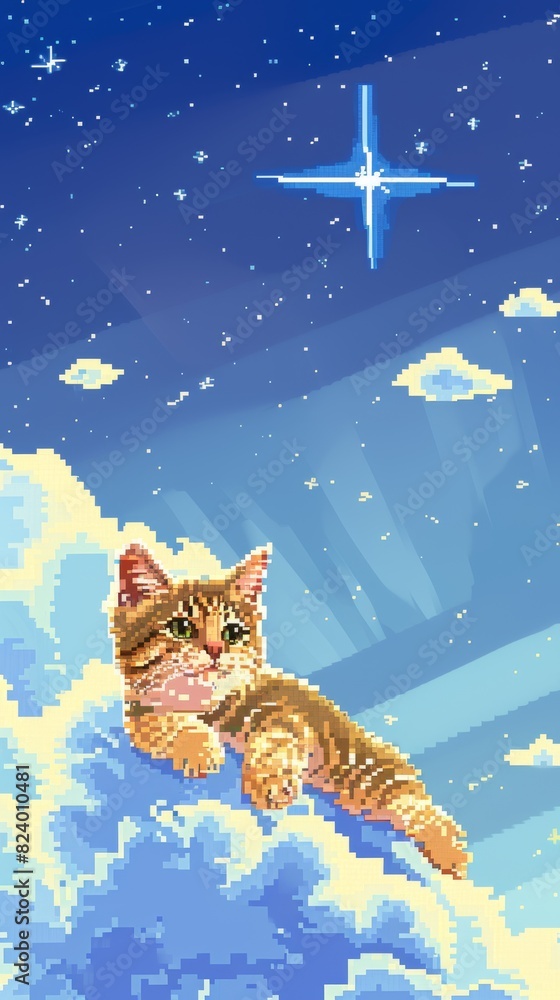A pixelated cat soars through a star-filled sky, offering a dreamlike and imaginative twist to the digital art scene.
