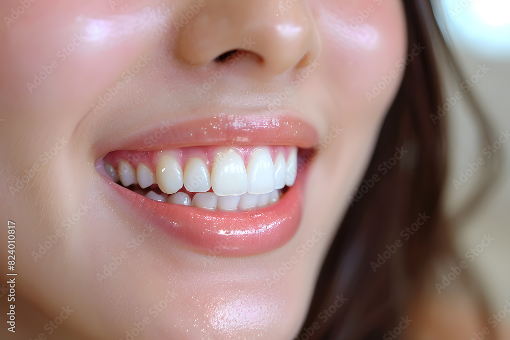 Fototapeta premium Beautiful young woman female smiling showing perfect white teeth. Dental stomatology whitening and treatment advertisement concept.