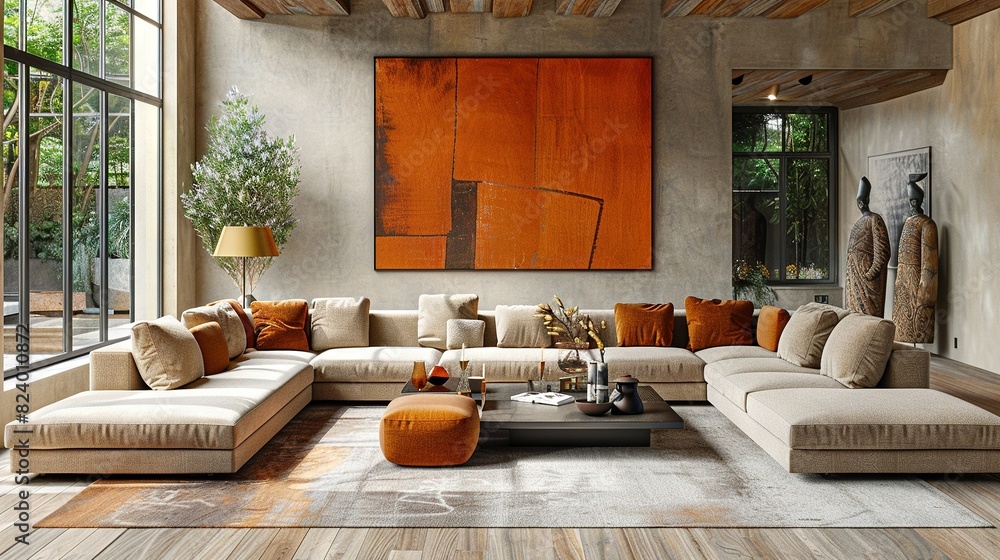 A spacious living room boasts a grand painting on the wall and a cozy couch centered in the room, positioned in front of a stylish coffee table A spacious living room boasts a grand painting on the wall and a cozy couch centered in the room, positioned in front of a stylish coffee table