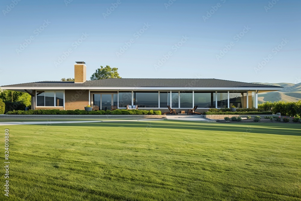 : A spacious suburban ranch house with a single-story layout, wide front porch, and large picture windows offering views of a sprawling lawn and distant hills. : A spacious suburban ranch house with a single-story layout, wide front porch, and large picture windows offering views of a sprawling lawn and distant hills.