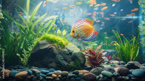 Aquarium fish Discus swim among algae and stones, corrals and underwater plants in an aquarium realistic photo