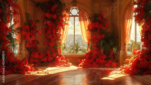  Red flowers adorn the walls, while a large window offers mountain views photo