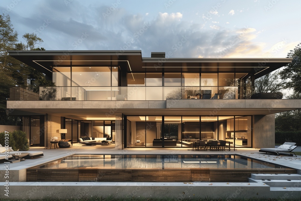 : A stylish suburban house with a contemporary design, flat roof, and extensive use of concrete and glass, featuring a swimming pool and outdoor living space. : A stylish suburban house with a contemporary design, flat roof, and extensive use of concrete and glass, featuring a swimming pool and outdoor living space.