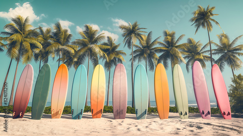 Lineup of colorful surfboards standing upright on a sandy beach with palm trees in the background © Anthichada