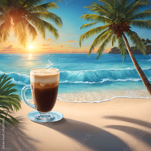 A cup of iced coffee on the sunset beach with palm trees  concept art