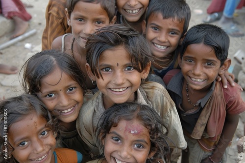 Group of Indian children smiling at the camera. India, Goa