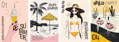 Collection of minimal summer poster cover designs. Summer vacation background