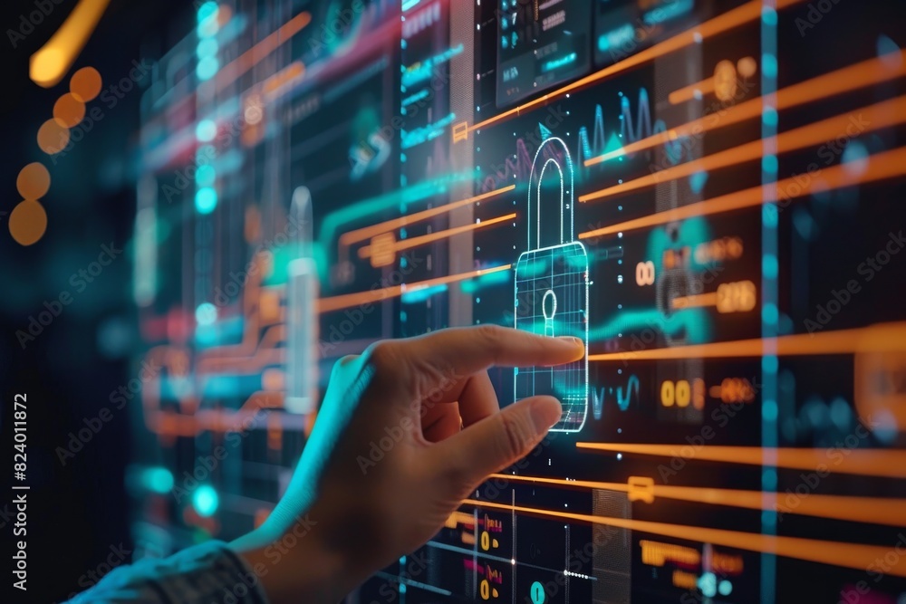 High-tech digital interface with secure cloud network and data visualization, emphasizing advanced cybersecurity and data protection strategies High-tech digital interface with secure cloud network and data visualization, emphasizing advanced cybersecurity and data protection strategies