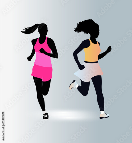 Silhouettes clipart of athlete women running, vectors featuring workout sports, such as jogging, running, sprint, marathon, and physical exercise. 