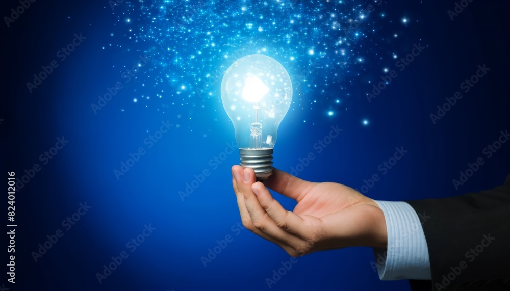 businessperson holds a brightly glowing lightbulb against a dark blue background, representing creativity and innovative ideas, surrounded by sparkling lights businessperson holds a brightly glowing lightbulb against a dark blue background, representing creativity and innovative ideas, surrounded by sparkling lights