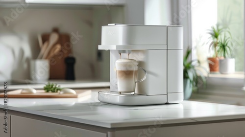 A sleek modern coffee machine alongside a glass cup filled with creamy latte, perfectly placed on a white marble countertop in a well-lit kitchen setting photo