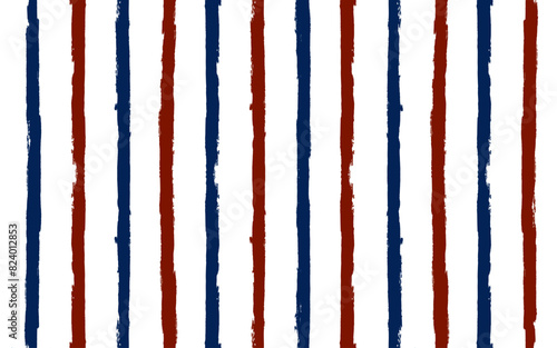 Stripes seamless pattern, red and blue patriotic striped vector background, american watercolor brush strokes. USA colors grunge stripes