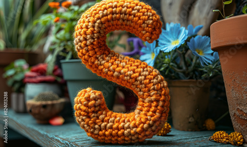 Knitted colored letter S on an abstract background.