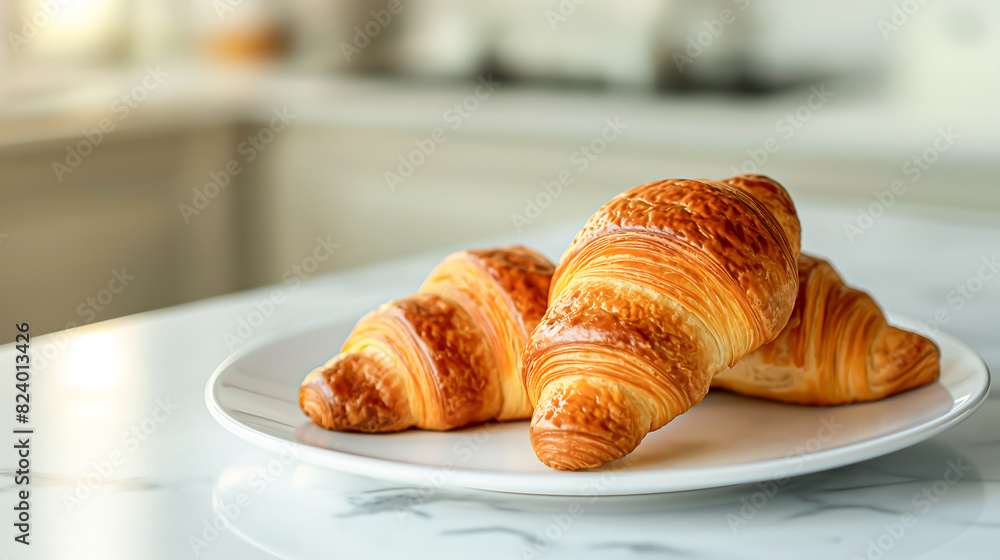 Freshly tasty baked butter croissants on a white plate Freshly tasty baked butter croissants on a white plate