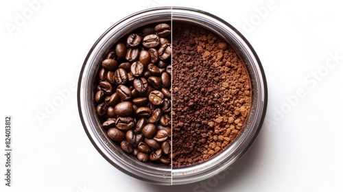 A split-view of a coffee grinder with one side showing whole coffee beans and the other displaying ground coffee, isolated on a white background.