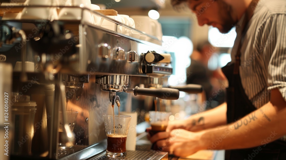 An engaging scene of a barista skillfully preparing espresso in a bustling coffee shop