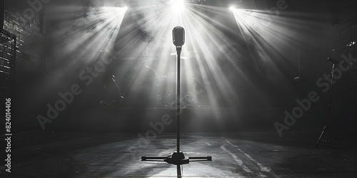 A lone microphone stand takes center stage in an intimate concert setting. Concept Live Performance, Music Venue, Stage Setup, Solo Artist, Atmospheric Lighting photo