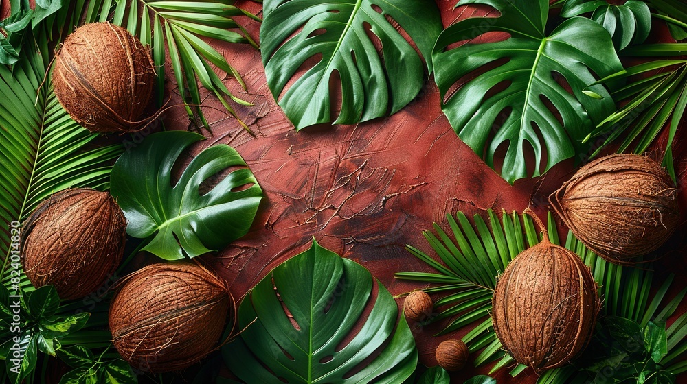 Green leaves and coconuts atop red surface on red background Green leaves and coconuts atop red surface on red background