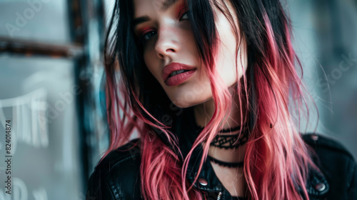 Portrait of a young woman with black and pink hair and bright black makeup in an abandoned building. Emmo girl posing indoors. Religion concept. photo