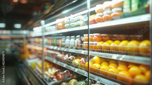 Blurred fuzzy grocery store refrigeration displays realistic