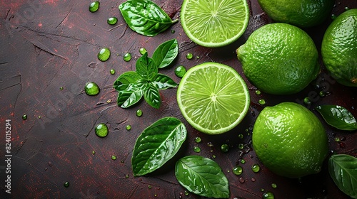  A collection of limes positioned atop a wooden table adjacent to green foliage and a wedge of lime