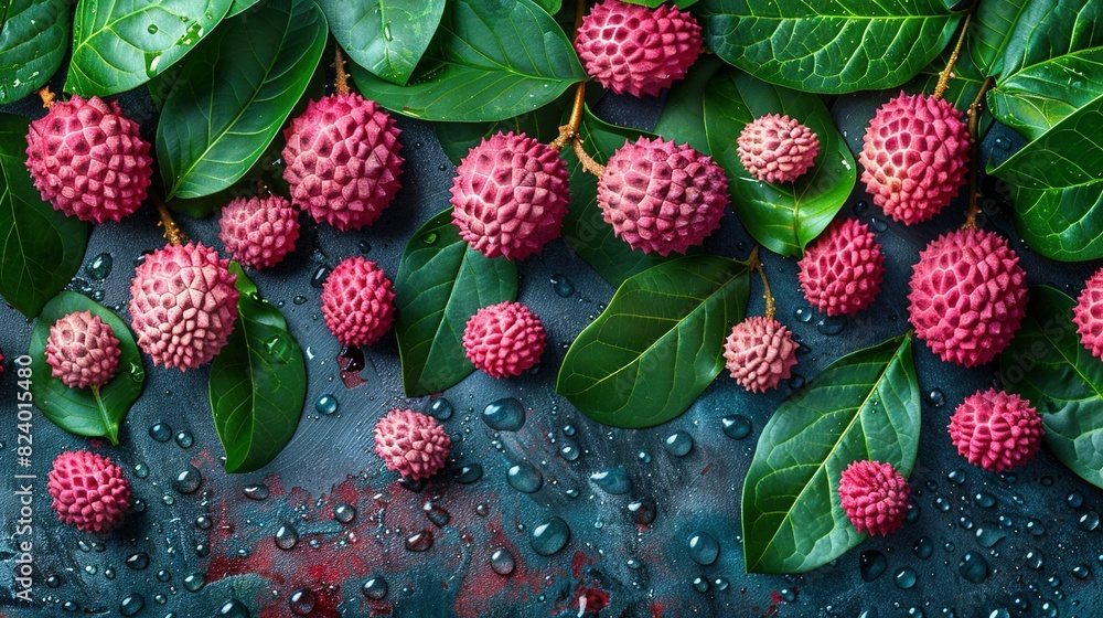 A group of red berries sat atop a table, surrounded by fallen foliage and droplets of water on the surface A group of red berries sat atop a table, surrounded by fallen foliage and droplets of water on the surface
